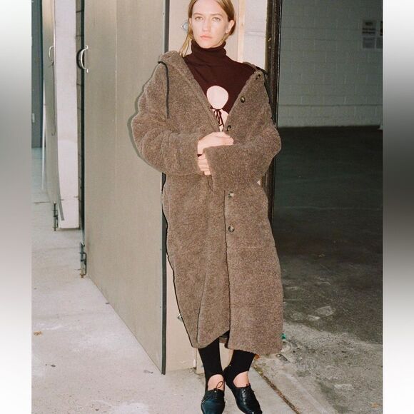 Thakoon Brown long hooded shearling coat NWT - Picture 1 of 8